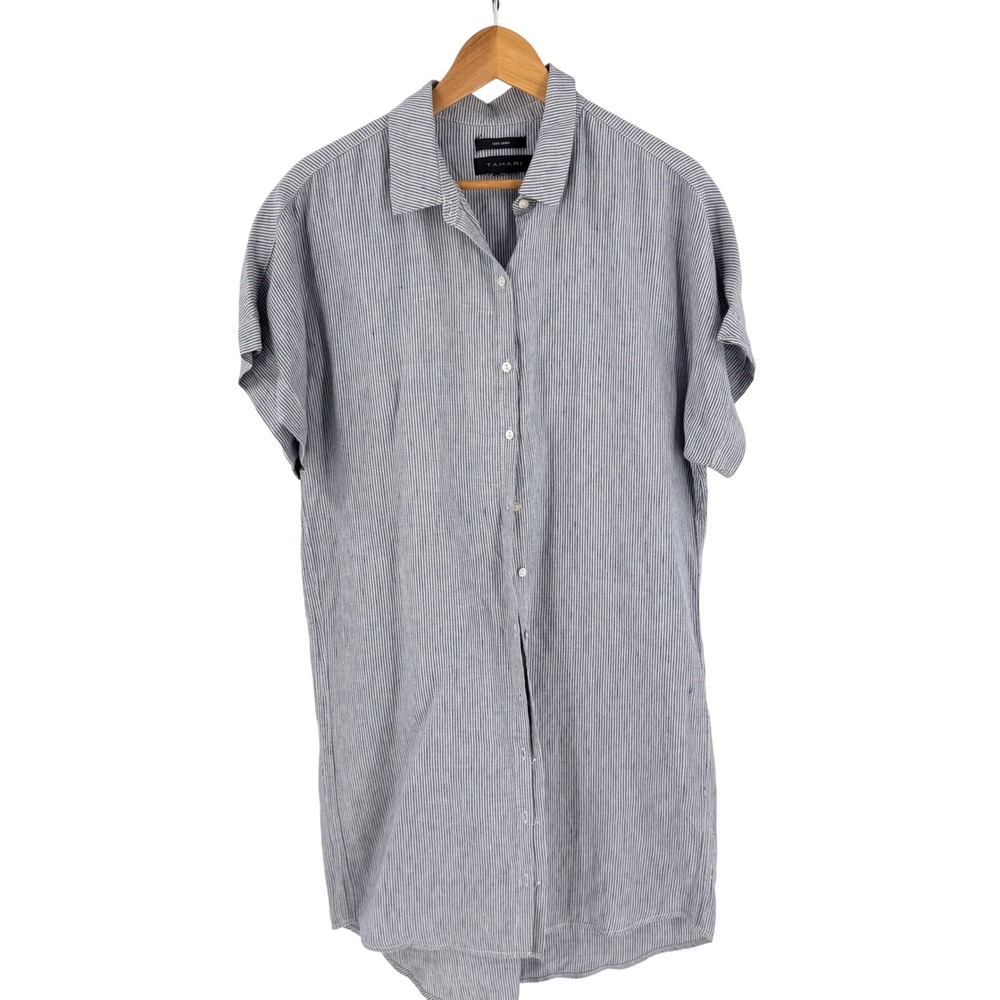Tahari Shirt Dress Blue US L 100% Linen Striped Short Sleeve Coastal Summer